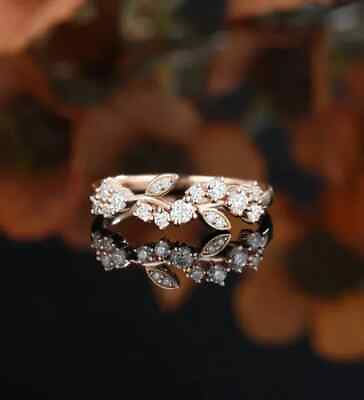 #ad 0.30Ct Round Real Moissanite Floral Leaf Wedding Ring Band 14K Rose Gold Plated $111.99