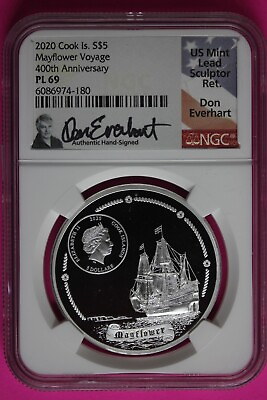 #ad Rare 2020 PL 69 Cook Islands Silver Mayflower Voyage Everhart Signature NGC 1327 $302.50