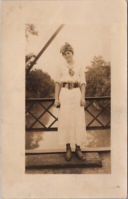 #ad 1910s RPPC Real Photo Postcard Young Woman in White Dress Standing on Bridge $5.25