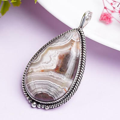 #ad Crazy Lace Agate Gemstone Pendant 925 Sterling Silver Handmade Women Gift PG306 $15.80