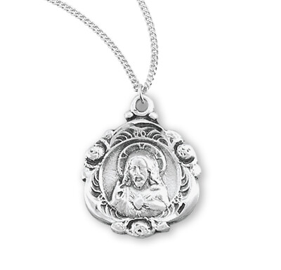 #ad Petite Sterling Silver Sacred Heart of Jesus Christ Medal Pendant Necklace $54.88