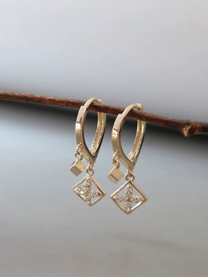 #ad 10ct Solid Gold Flower Kite Huggie Hoops Earrings rhombus chandelier gift GBP 148.00