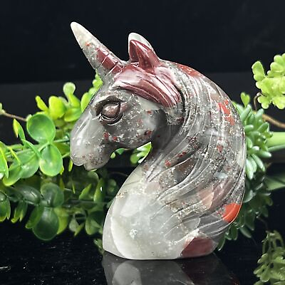 #ad 4.0quot; African Bloodtsone Carved Crystal Unicorn Hand Carved Healing Unicorn Gift $113.05