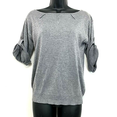 #ad NEW YORK CO S Silver Knit Top Roll Tab Sleeves Thin Sweater Career Metallic $9.99