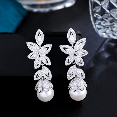 #ad Gorgeous Silver Plated Cubic Zirconia Women Leaf Shape Pearl Drop Dangle Earring $9.34