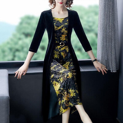 #ad Lady Velvet Midi Dress Retro Ethnic Printed Stitching A line Elegant Slim Party $23.91