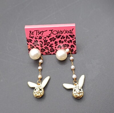 #ad New Betsey Johnson Rhinestone Pearl Playboy Bunny Rabbit Earrings With Tag $12.99