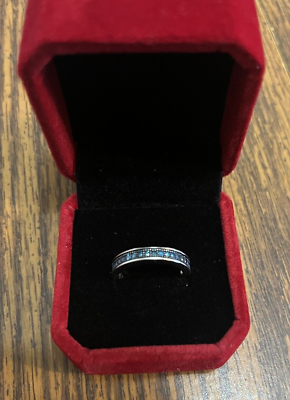#ad Silver Wedding Band Ring with Blue Diamonds: Sz. 7.0 $450.00