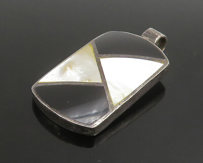 #ad 925 Sterling Silver Vintage Black Onyx amp; Mother Of Pearl Pendant PT19127 $36.59