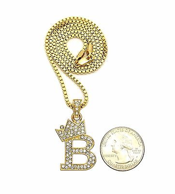 #ad Iced 14K Gold plated King Crown Letter quot;Bquot; Pendant amp; 24quot; Box Chain Necklace $14.99