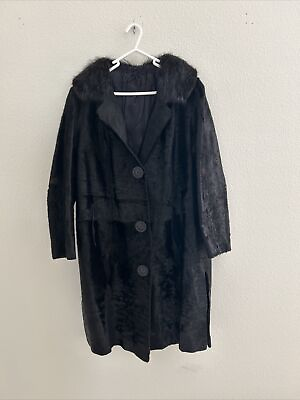 #ad Cowhide Vintage Fur Coat Black Trench Coat Custom Made Ladies L Heavy $75.00