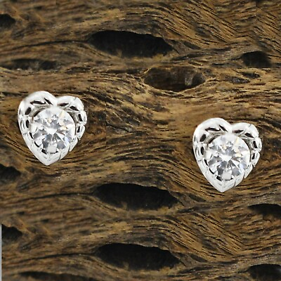 #ad 14k White Gold Estate Cubic Zirconia CZ Heart Studs Stud Earringgs $121.00