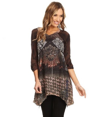 #ad Women#x27;s Brown Patchwork Tunic Top with V Neck $44.99
