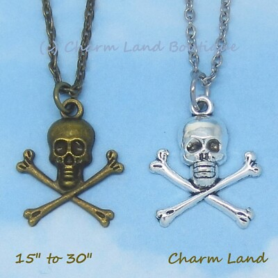 #ad Skull Crossbones Pendant or Necklace Silver Brass Bronze Pirate 10066 Charm Land $4.99