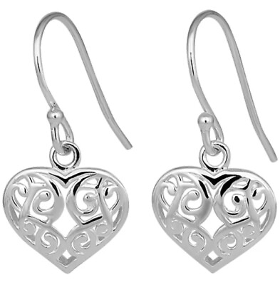 #ad Sterling Silver .925 Pattern Heart Hook Dangle Earrings $29.95