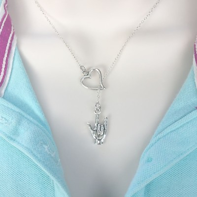 #ad I Love You in quot;Sign Languagequot; Antique Silver Lariat quot;Yquot; Necklace. $21.99