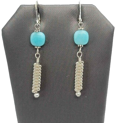 #ad Sterling silver leverback earrings with blue opal Hand Made Jewelry Dangle Drop $21.96