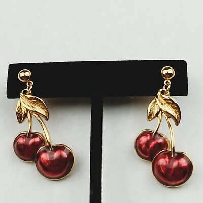 #ad Vintage Avon Cherry Earrings Red Enamel Gold Tone Pierced Signed $14.37