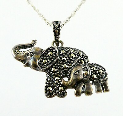 #ad Designer Sterling Silver Marcasite Studded Elephant Baby Pendant Necklace 925 $32.30