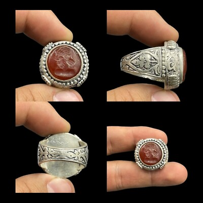 #ad Ancient Natural Agate intaglio Stone Solid Silver Unique Ring $85.00