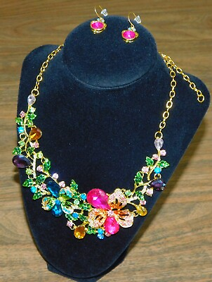 #ad Superb FLORAL Bouquet RAINBOW Flower JEWEL Betsey Johnson Necklace Earrings SET $29.70