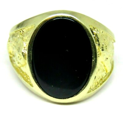 #ad 10KY GOLD Men#x27;s Black Onyx OVAL RING SIZE 10.5 Wolf AND EAGLE on sides . $499.99