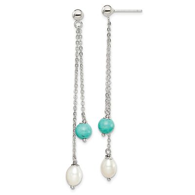 #ad Sterling Silver Turquoise Freshwater Pearl Chain Post Dangle Earrings $46.99