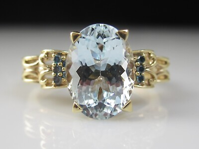 #ad Aquamarine Diamond Ring Blue Diamonds Ribbon Oval Aqua 10K Yellow Gold Estate $499.00