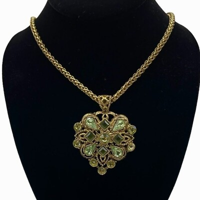 #ad Multi Shape Green Crystal Gold Tone Statement Pendant Necklace Wheat Chain $34.99