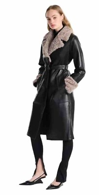 #ad ENA PELLY Louie Leather Jacket Size 16 BNWT RRP $999 Black Taupe Longline Coat AU $595.00