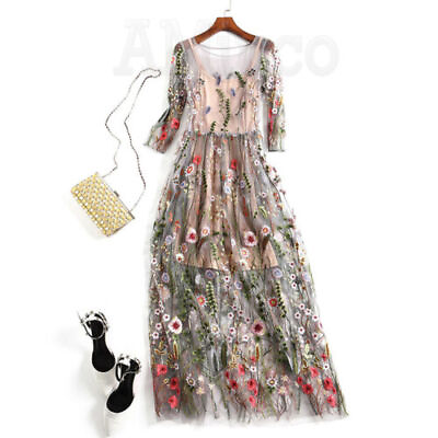 #ad Women Cotton Dress Embroidered Lace Sheer Mesh Floral Long Party Dress $22.90