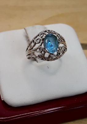 #ad Vintage Artisan Made Aquamarine Sterling Silver Filigree Ring Sz. 6 $24.99