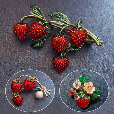 #ad Red Strawberry Brooch Women Shiny Jewelry Fruit Branch Pearl T shirt Coat Pin AU $5.19