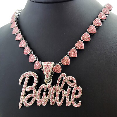 #ad Women Silver Plated Pink Barbie amp; 20quot; Iced Cubic Zirconia Heart Chain Necklace $36.99