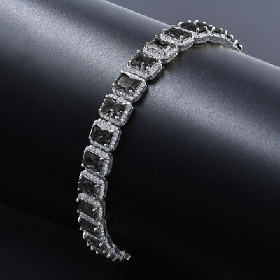 #ad Onyx Black 14K White Gold Finish Simulated Diamonds Solitaire Unisex Bracelet $79.99