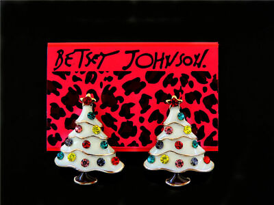#ad Betsey Johnson Rhinestone White Enamel Christmas Tree Ear Stud Earrings gift bag $15.99