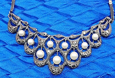 #ad Pearl And Marcasite Sterling Silver Necklace F2R $94.00