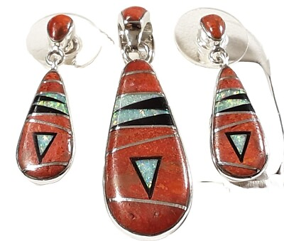#ad 925 STERLING SEGMENTED CORAL ONYX LAB OPAL EARRINGS amp; PENDANT MATCHING SET 7.2g $64.99