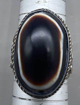 #ad Very Lovely Evil Eye Agate Bead Silver Ringsize 8.7 central Asia $150.00