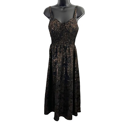 #ad Guess Floral Print Bronze Metallic Sweetheart Neckline Midi Dress Black Medium $35.18