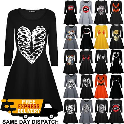 #ad Womens Ladies Halloween Skeleton Bones Heart Printed Smock Flared Swing Dresses GBP 8.39