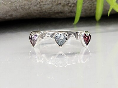 #ad Sz 6.5 Blue Topaz Garnet Amethyst Heart Gemstones 925 Sterling Silver Ring $26.98