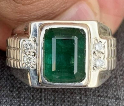 #ad Natural Deep Green Mens Emerald Ring Sterling Silver 925 Handmade Emerald Ring $430.00
