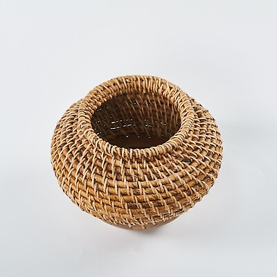 #ad Handmade Woven Rattan Teak Wood Planter Natural Handcrafted Vase Flower Pot $33.99