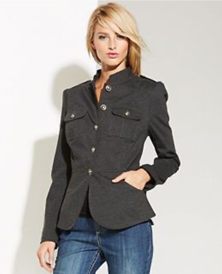 #ad NEW INC International Concepts Military Blazer Jacket Small Heather Grey Gray $55.00