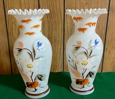 #ad Antique Pair Ruffled Edge Bristol Glass Vases Hand Blown and Painted $55.00