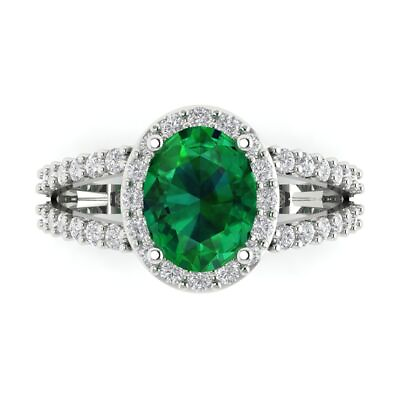 #ad 2.24 Oval Halo Unique Simulated Emerald Classic Designer Ring 14k White Gold $416.41