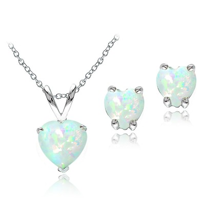 #ad 925 Silver Created Opal Heart Solitaire Pendant Stud Earrings Set $24.99
