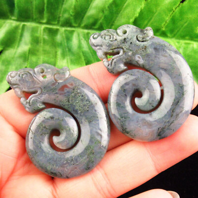 #ad #ad 2Pcs Carved Natural Green Moss Agate Dragon Pendant Bead TJ89439 $29.87