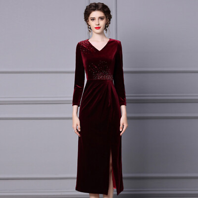 #ad OL Womens Rhinestone V Neck High Waist Long Sleeve Velvet Slit Dress Elegant $137.56